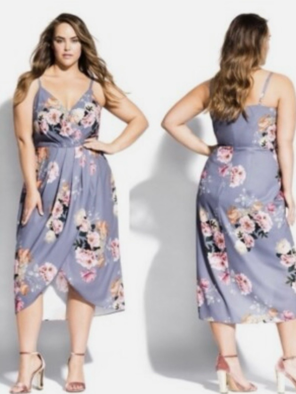 Gray/taupe Floral Wrap-Front high-lo Midi Dress size 14